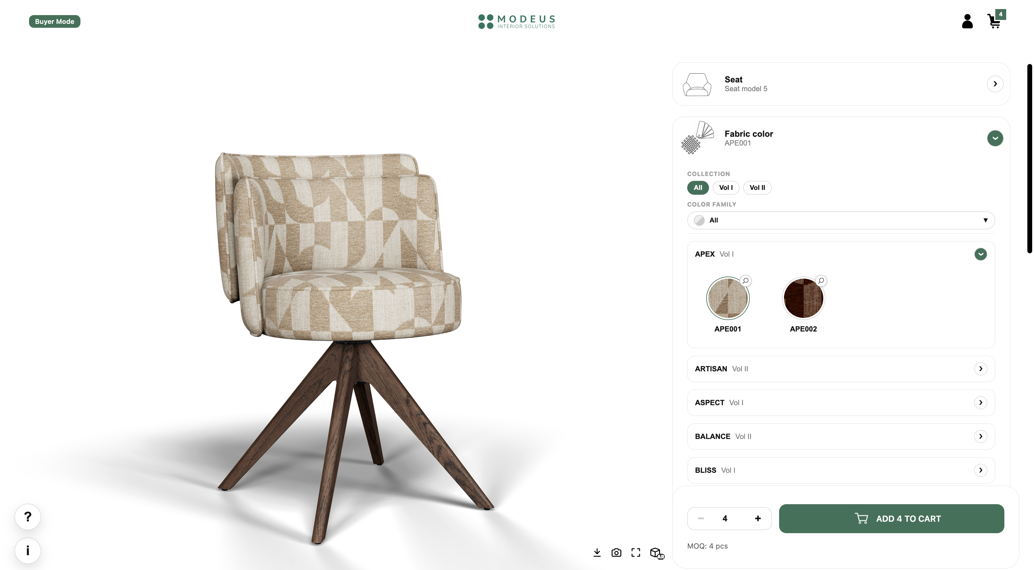 Modeus configurator in buyer mode showing a 3D chair, fabric options, and add to cart controls