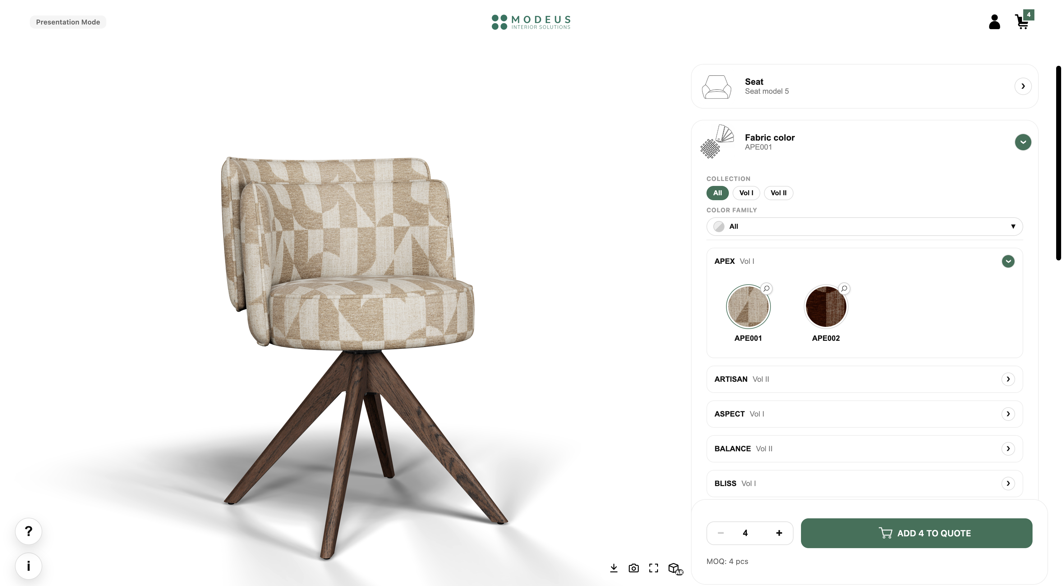 Presentation mode in the Modeus configurator with fabric options open
