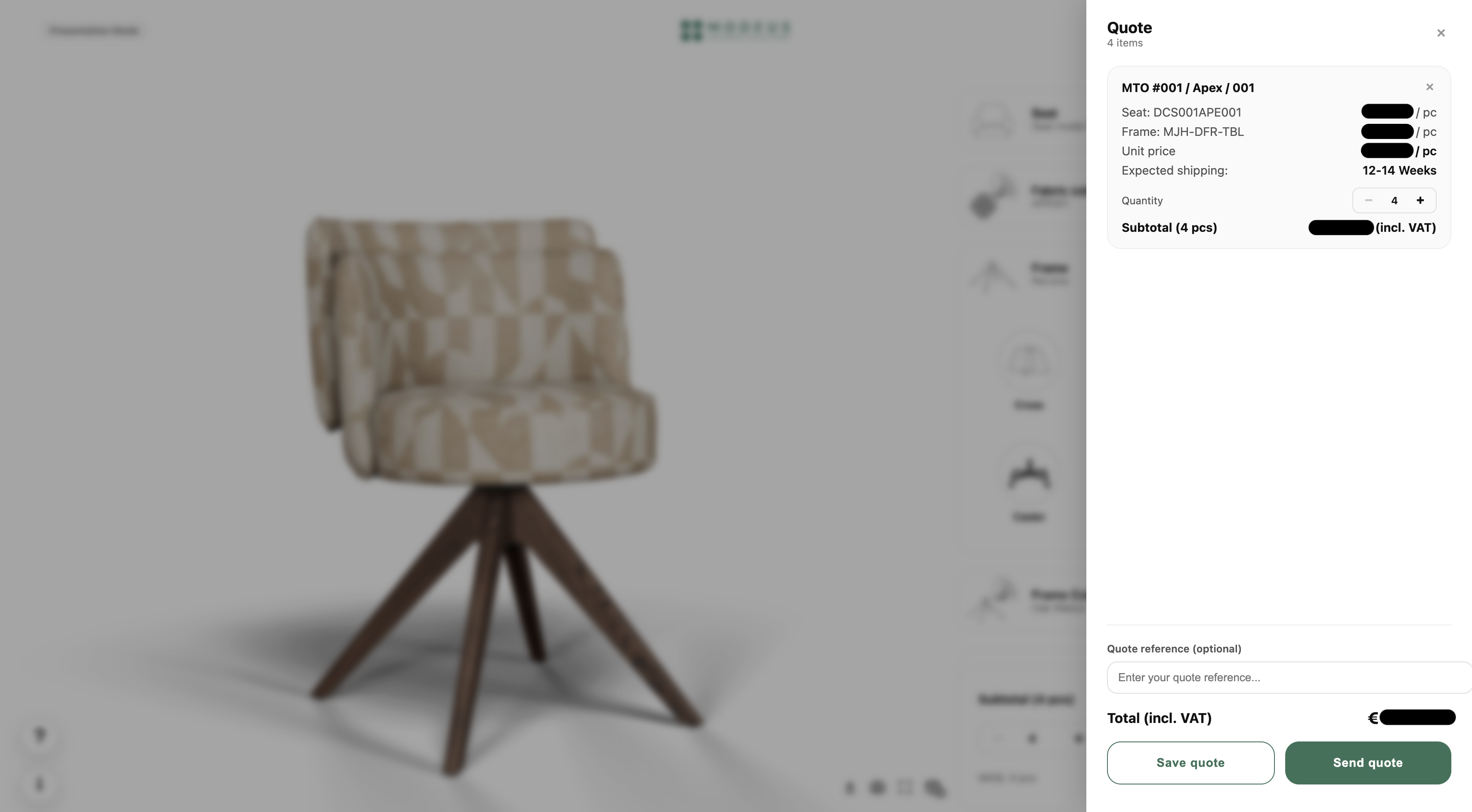 Modeus configurator quote drawer with save quote and send quote controls